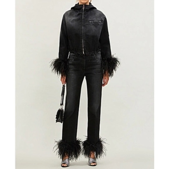PRADA Reversible Cropped Detachable Feather-trimmed Denim And Nylon Jacket - Picture 5 of 11